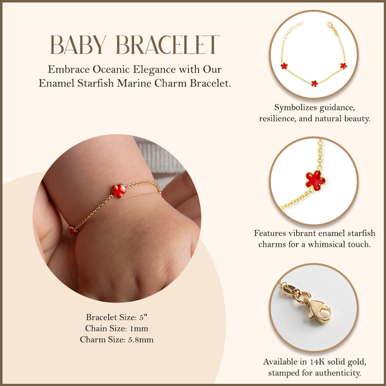 14K Yellow Gold Enamel Sea Starfish Charm Baby Bracelet