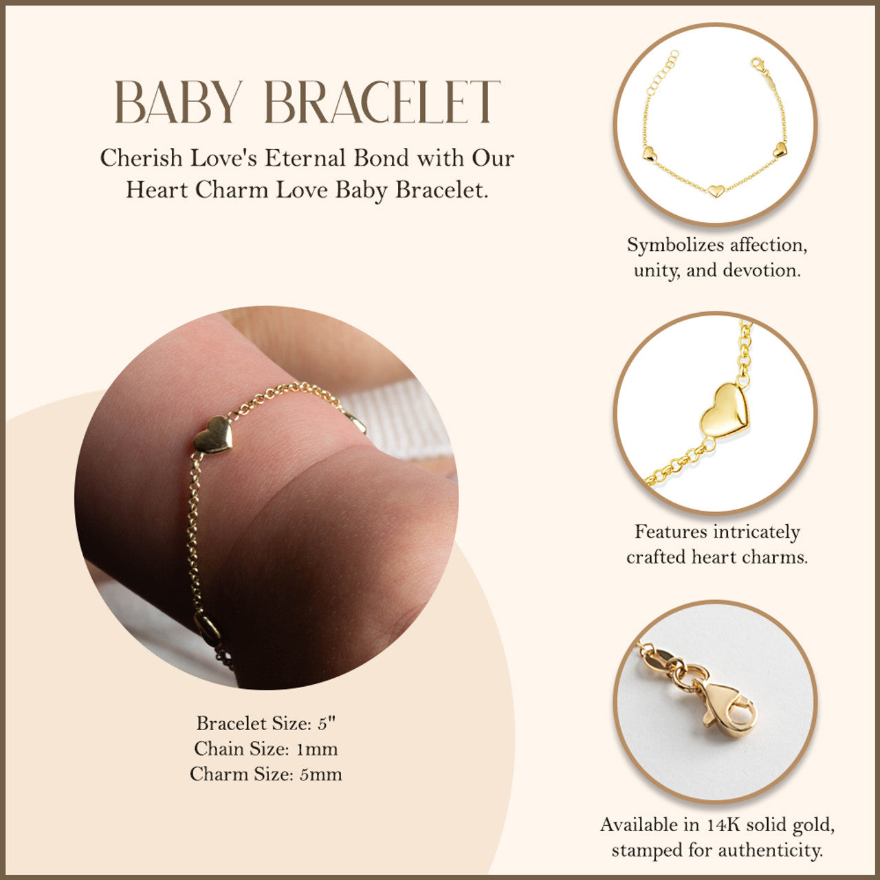 14K Yellow Gold Heart Charm Love Baby Bracelet