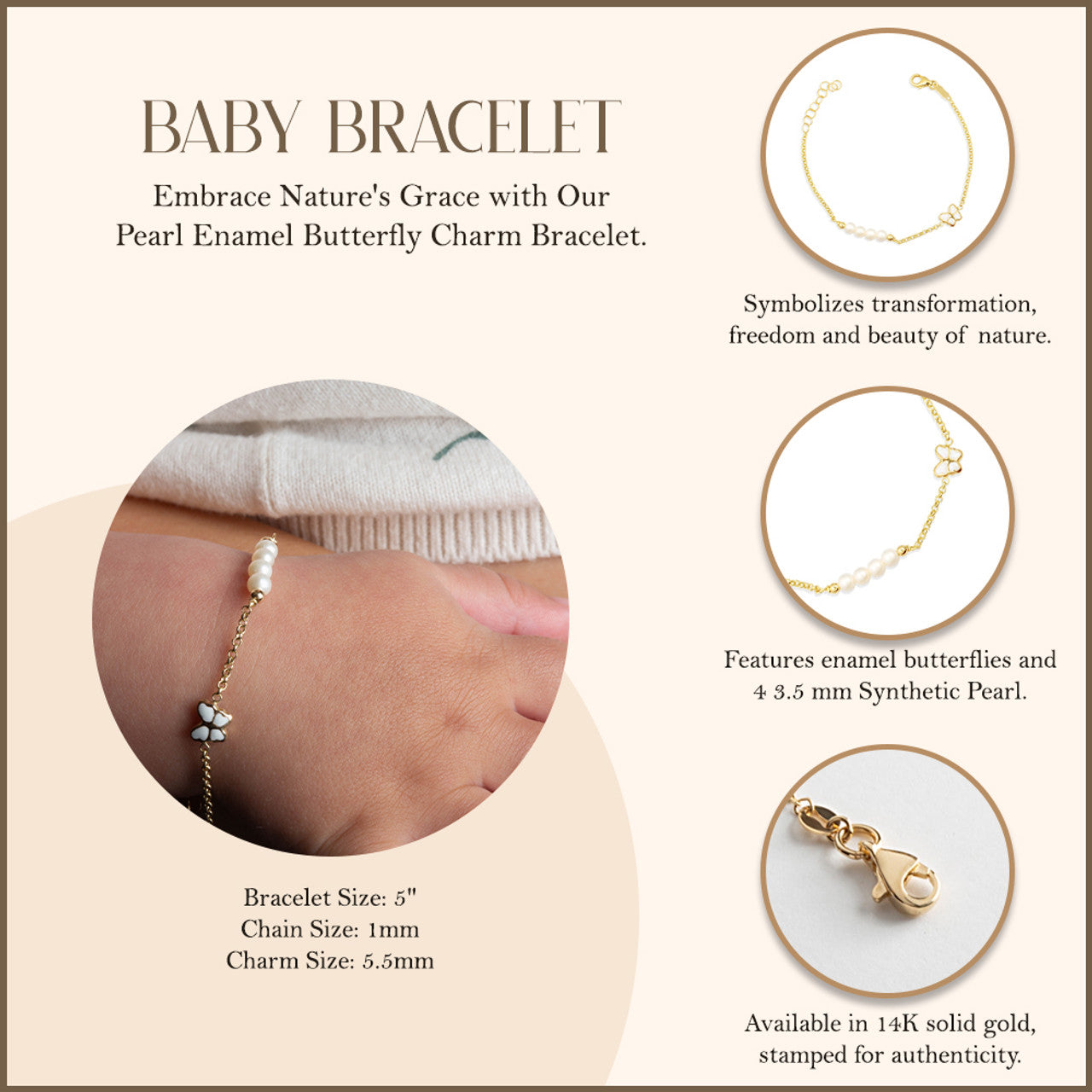 14K Yellow Gold Pearl Enamel Butterfly Charm Baby Bracelet