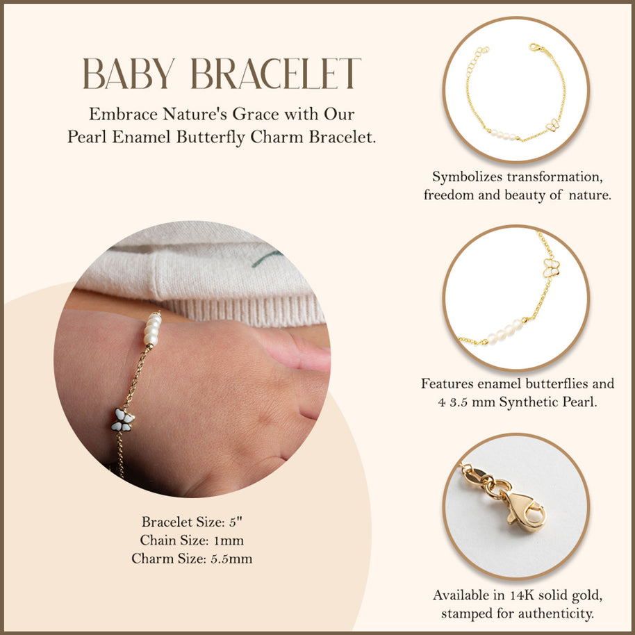 14K Yellow Gold Pearl Enamel Butterfly Charm Baby Bracelet