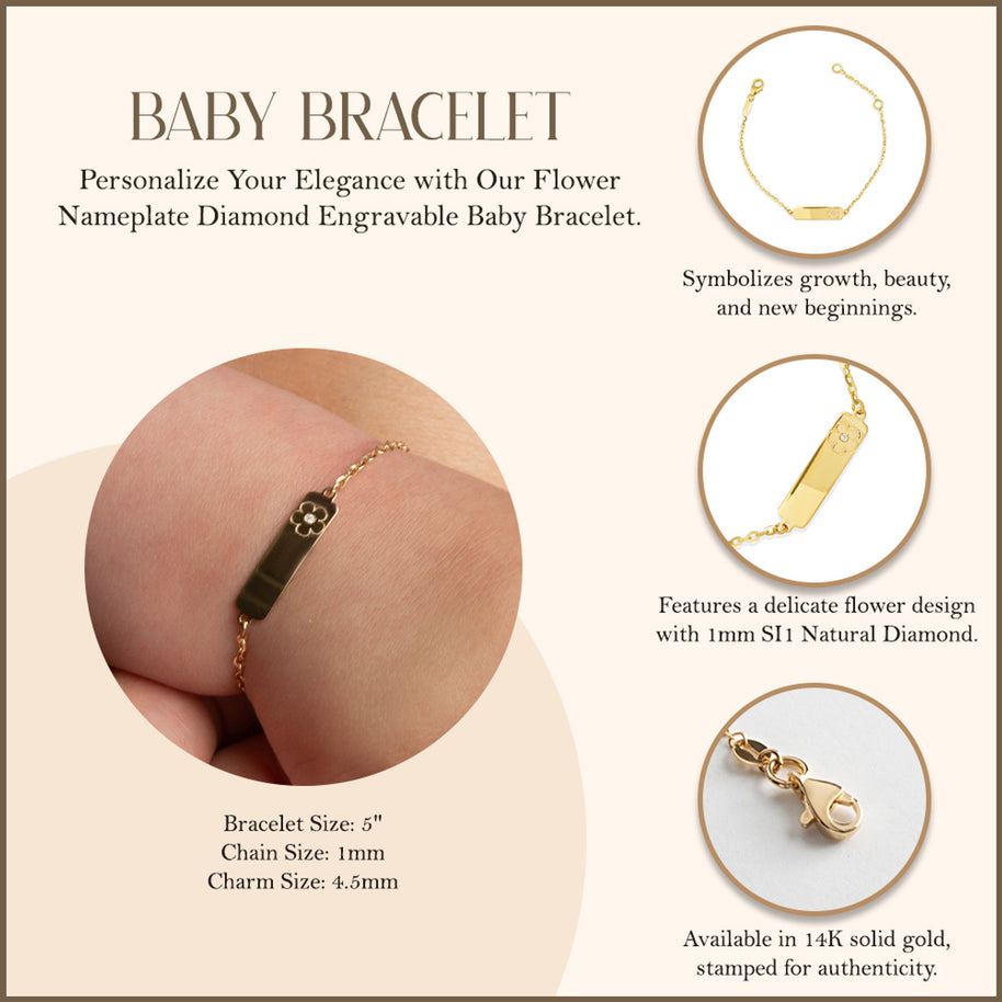 14K Yellow Gold Flower Nameplate Diamond Engravable Baby Bracelet