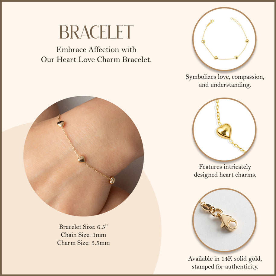 14K Yellow Gold Heart Love Charm Bracelet