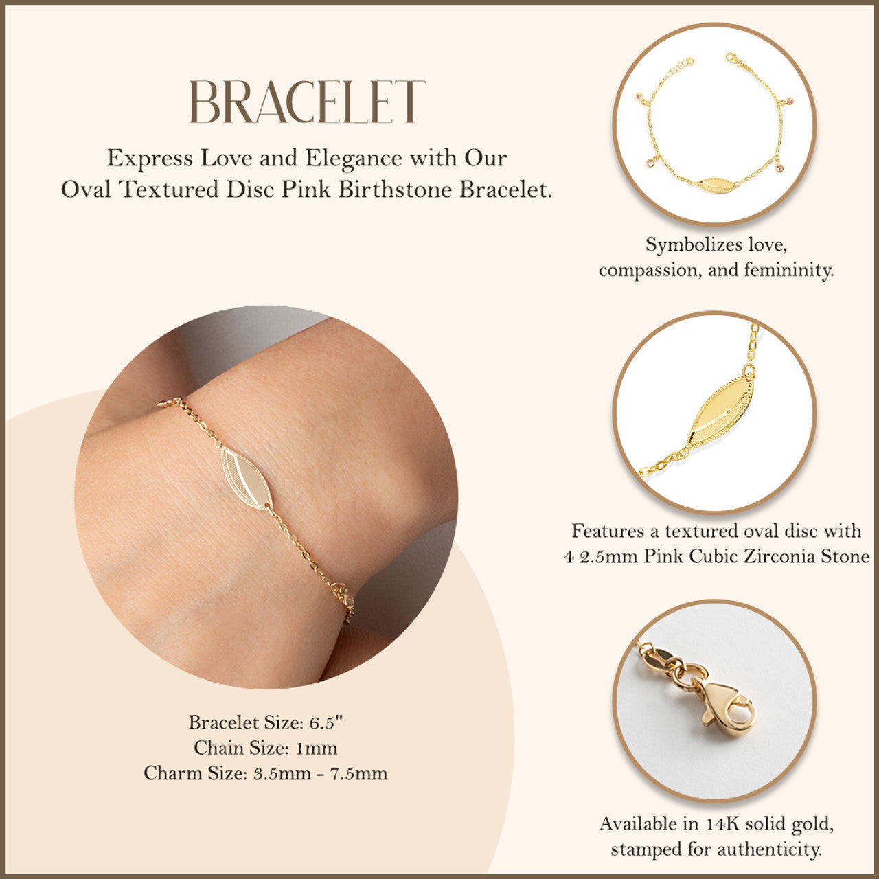 14K Yellow Gold Pink Birthstone Oval Nameplate Bracelet