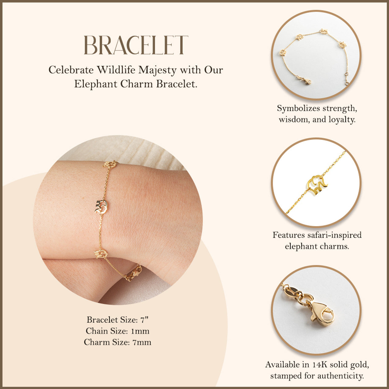 14K Yellow Gold Elephant Wildlife Charm Bracelet 7