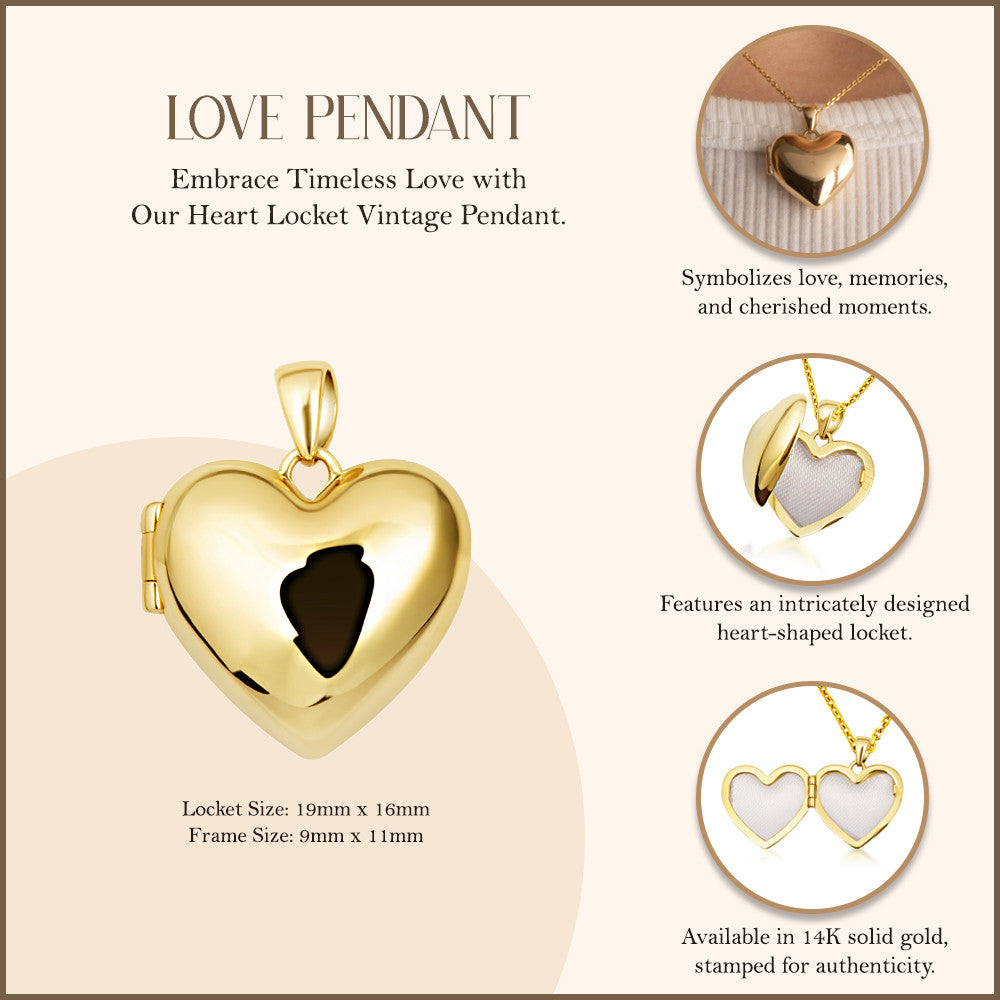 14K Yellow Gold Heart Locket Vintage Love Pendant Necklace