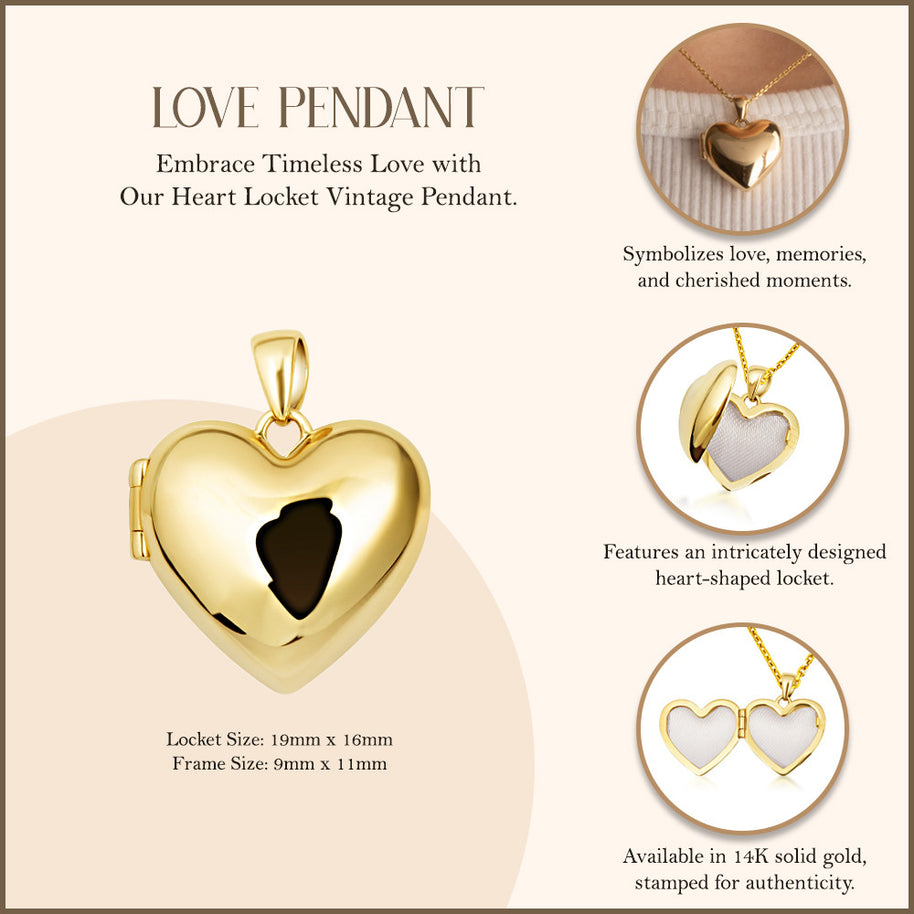 14K Yellow Gold Heart Locket Vintage Love Pendant Necklace
