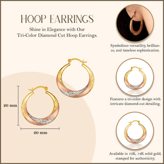 Gold Tri-Color Diamond Cut Hoop Earrings