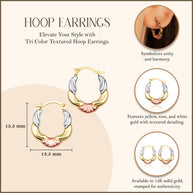 Tri-Color Gold Textured Hoop Earrings