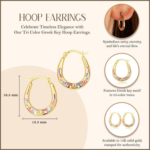 Tri-Color Gold Greek Key Hoop Earrings