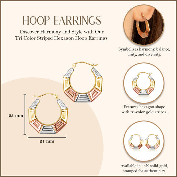 14K Tri-Color Gold Striped Hexagon Hoop Earrings