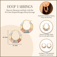 14K Tri-Color Gold Striped Hexagon Hoop Earrings