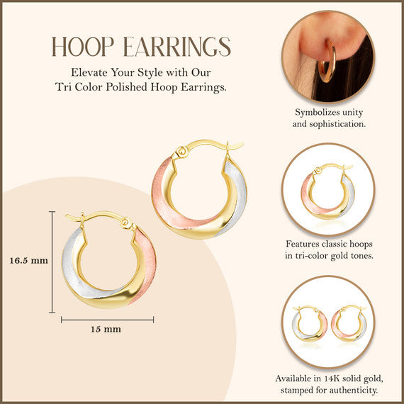 Gold Tri-Color Polished Hoop Earrings