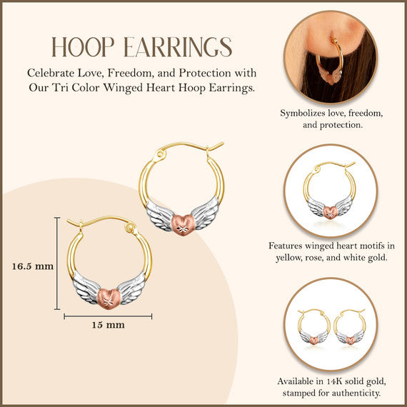 14K Tri-Color Gold Winged Heart Hoop Earrings