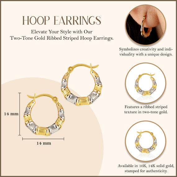Two-Tone Gold Ribbed Striped Hoop Earrings