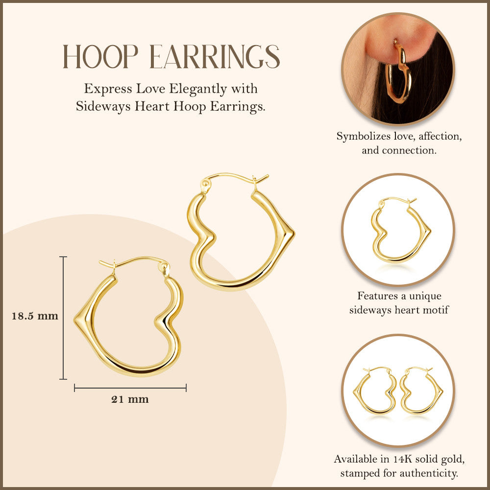 14K Gold Sideways Heart Hoop Earrings (Available in Yellow/White/Rose Gold)