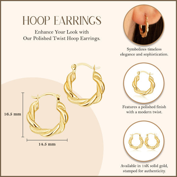 14K Yellow Gold Polished Twist Hoop Earrings