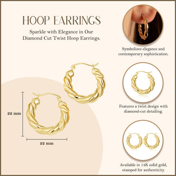 Yellow Gold Diamond Cut Satin Finish Twist Hoop Earrings