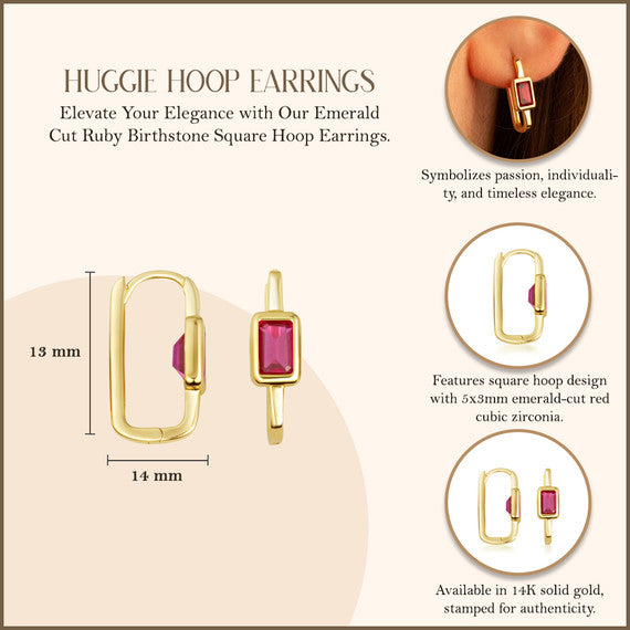 14K Gold Emerald Cut Ruby Birthstone Square Hoop Earrings