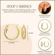14K Yellow Gold Diamond Cut Textured Tube Huggie Hoop Earrings
