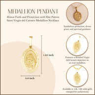 Yellow Gold Patron Saint Virgin del Carmen Oval Medallion Pendant Necklace