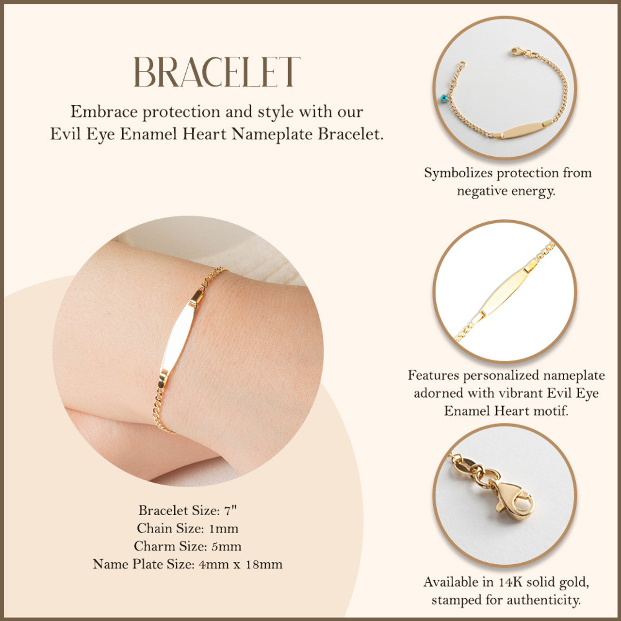 14K Yellow Gold Engravable Evil Eye Heart Protection Nameplate Bracelet 7