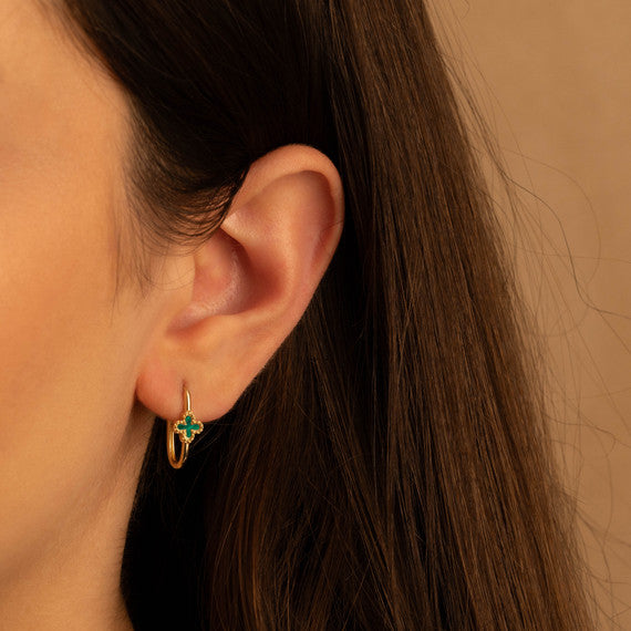 14K Yellow Gold Synthetic Green Malachite Gemstone Cross Oval Hoop Earrings