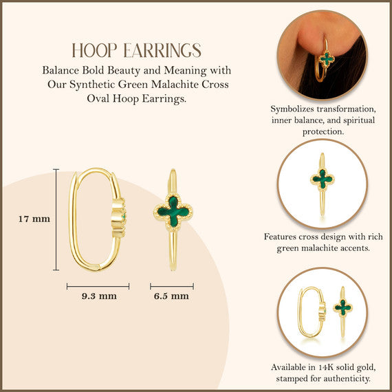 14K Yellow Gold Synthetic Green Malachite Gemstone Cross Oval Hoop Earrings