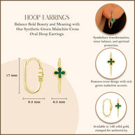 14K Yellow Gold Synthetic Green Malachite Gemstone Cross Oval Hoop Earrings