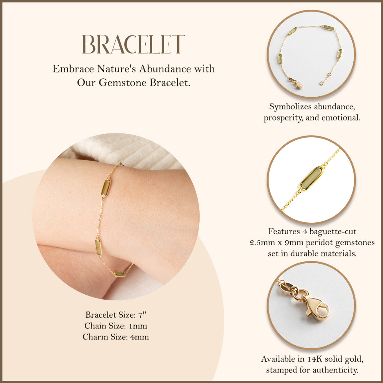 14K Yellow Gold Lab Created Baguette Cut Peridot Gemstone Link Bracelet 7