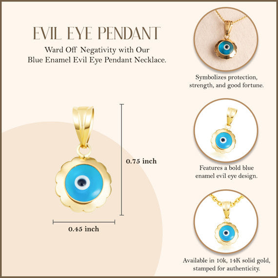 Yellow Gold Blue Enamel Evil Eye Pendant Necklace