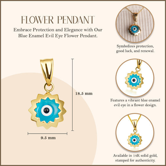 Yellow Gold Blue Enamel Evil Eye Flower Pendant Necklace