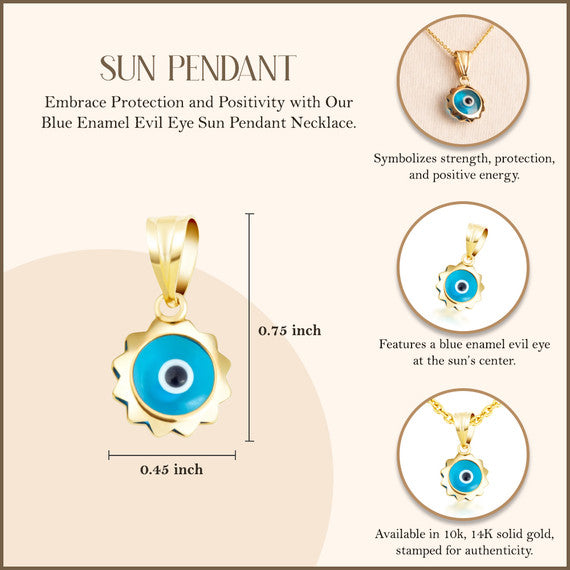 Yellow Gold Blue Enamel Evil Eye Sun Pendant Necklace