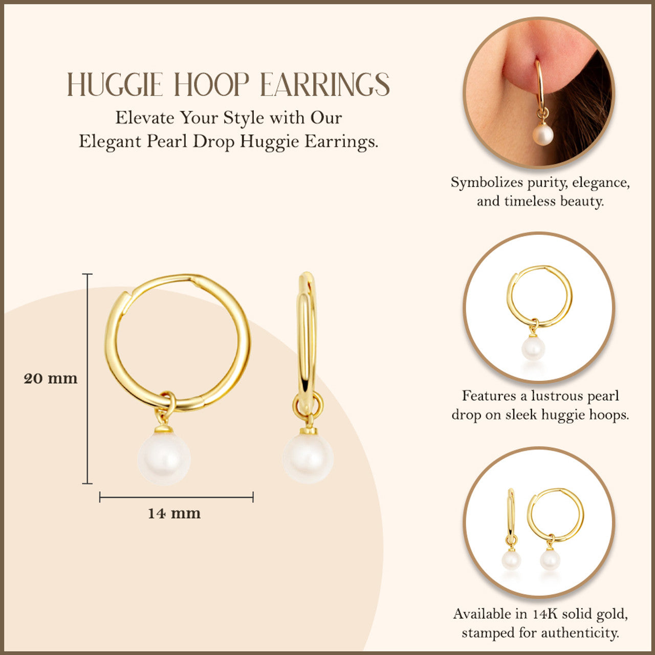 14K Yellow Gold Pearl Drop Huggie Earrings