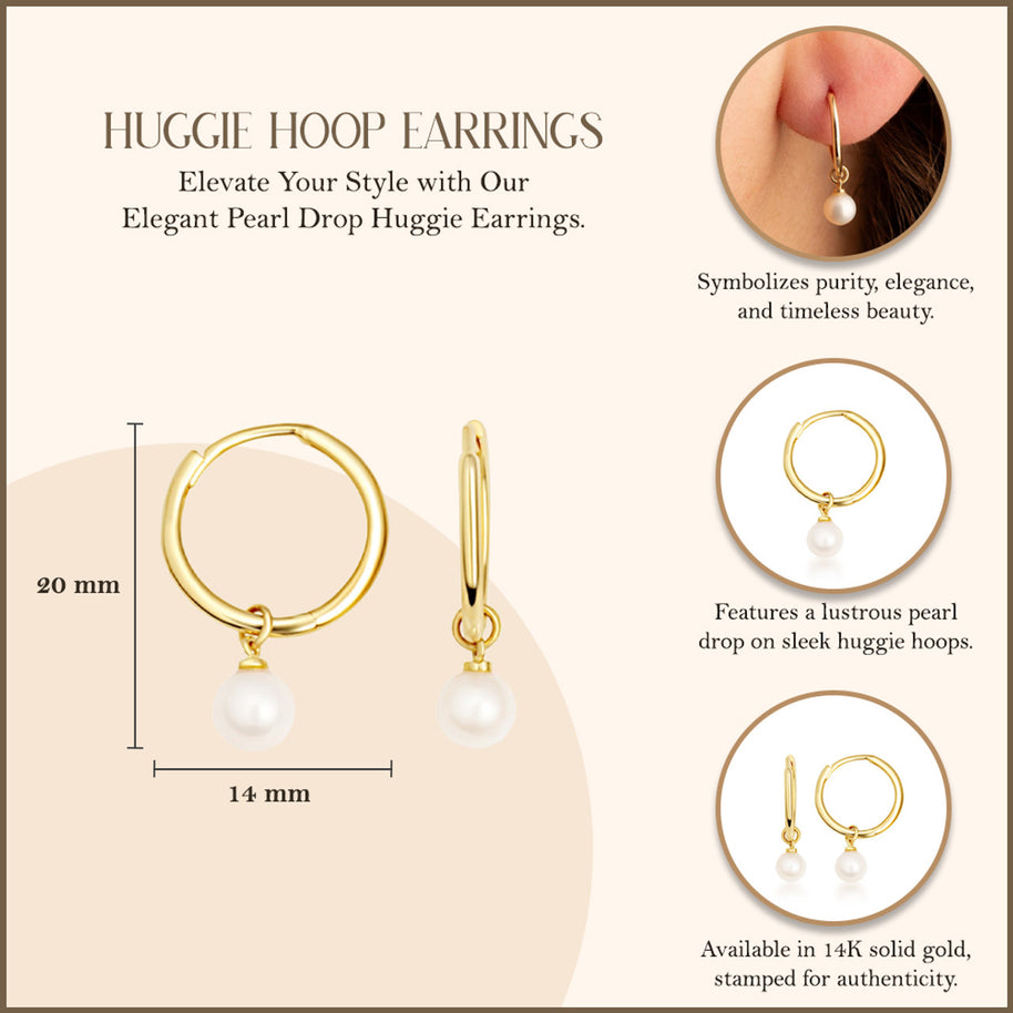 14K Yellow Gold Pearl Drop Huggie Earrings