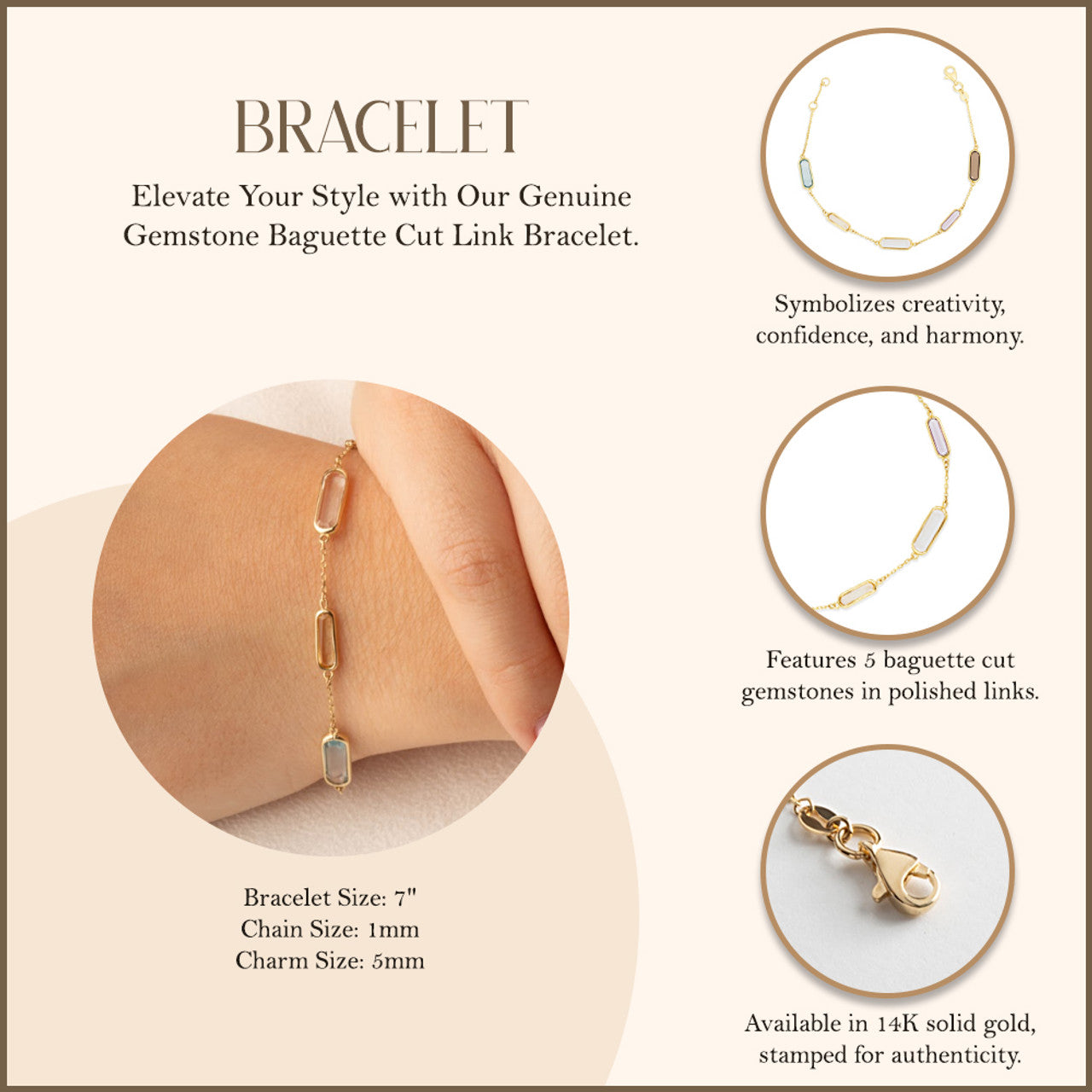 14K Yellow Gold Genuine Gemstone Baguette Cut Link Bracelet