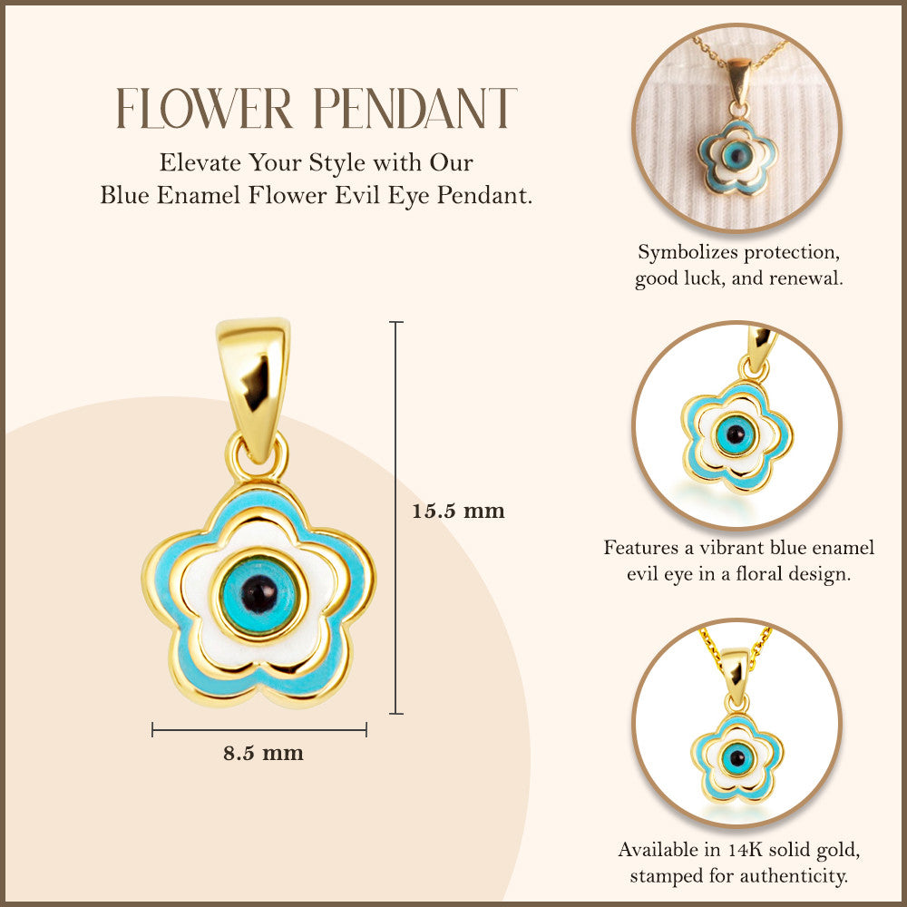 14K Yellow Gold Blue Enamel Flower Evil Eye Of Protection Pendant Necklace