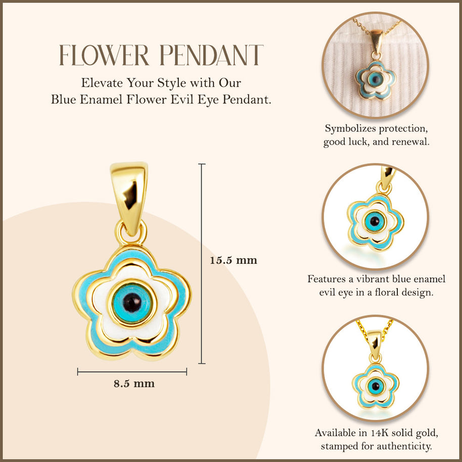14K Yellow Gold Blue Enamel Flower Evil Eye Of Protection Pendant Necklace