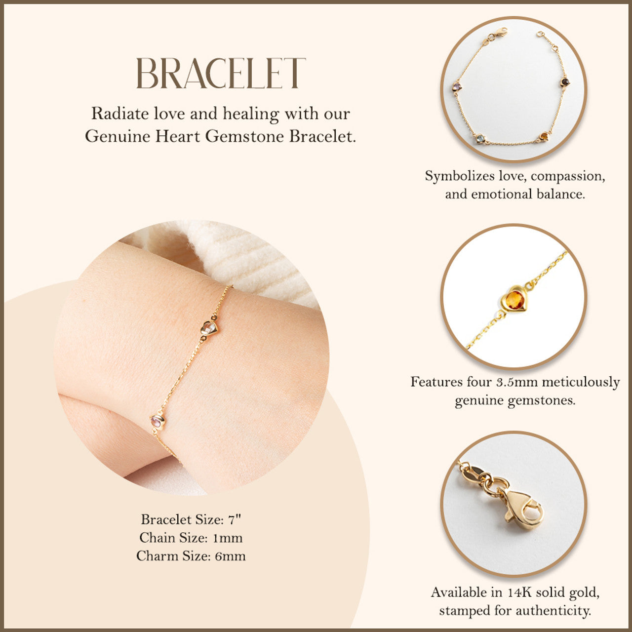 14K Yellow Gold Genuine Heart Gemstone Bracelet 7