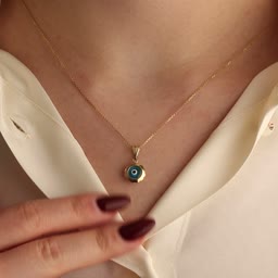 Yellow Gold Blue Enamel Evil Eye Pendant Necklace
