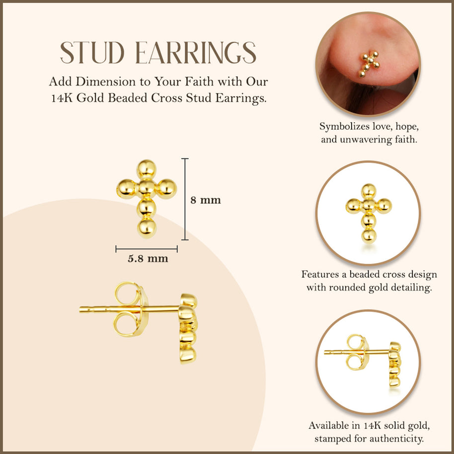 Beaded Cross Earrings in 14K Gold