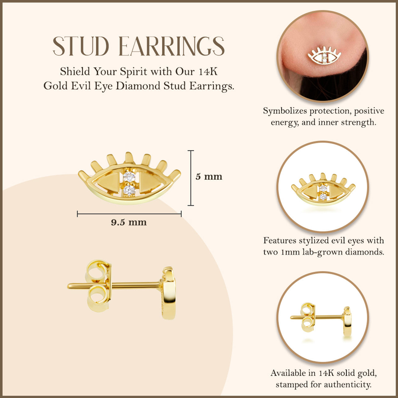 14K Gold Diamond Evil Eye Earrings
