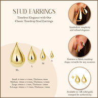 14K Yellow Gold Teardrop Stud Earrings S/M/L/XL
