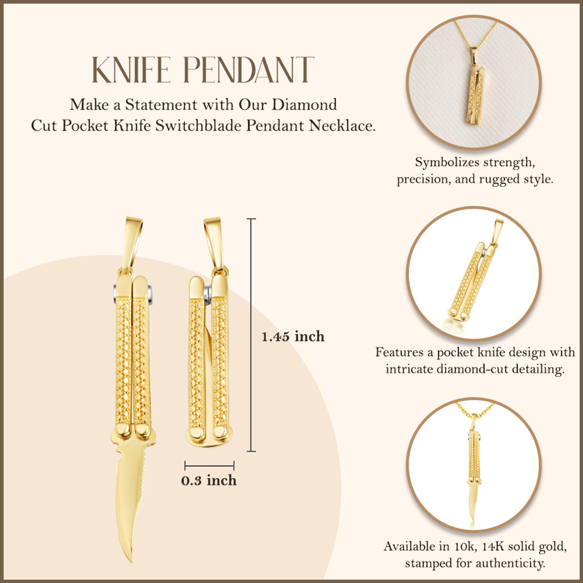 Yellow Gold Diamond Cut Pocket Knife Switchblade Pendant Necklace
