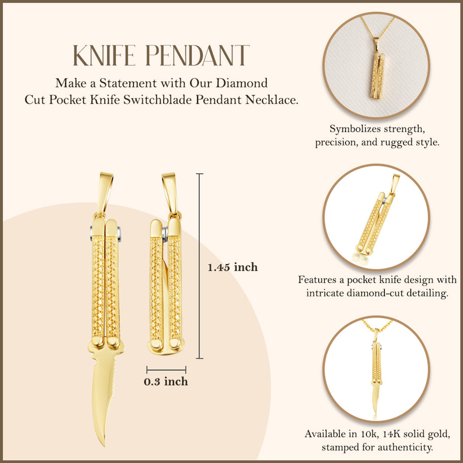 Yellow Gold Diamond Cut Pocket Knife Switchblade Pendant Necklace