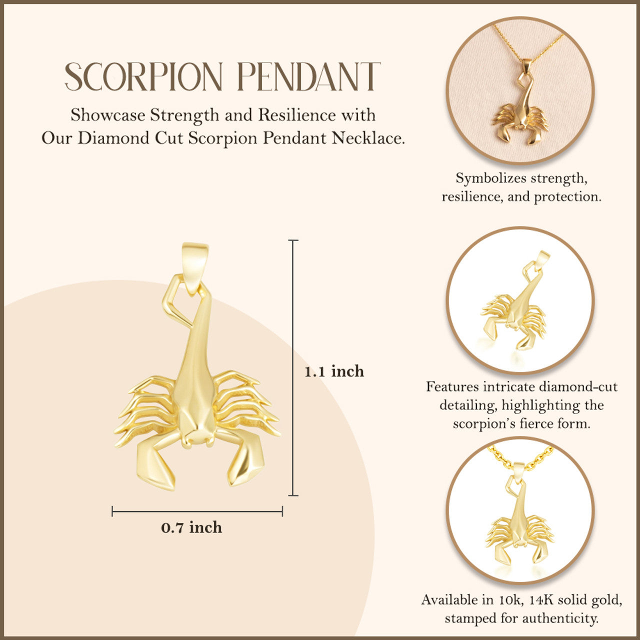 Yellow Gold Diamond Cut Scorpion Pendant Necklace