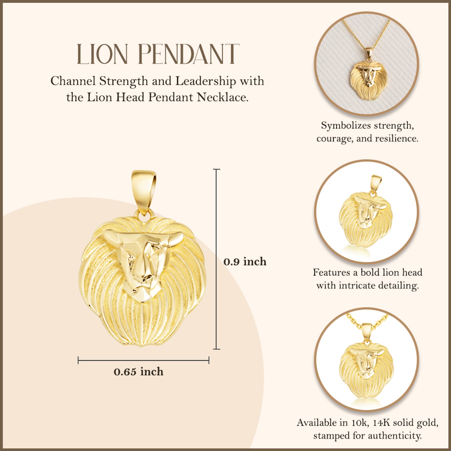 Yellow Gold Lion Head Pendant Necklace