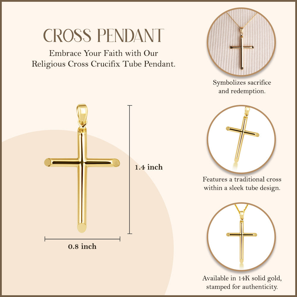 14K Gold Religious Cross Crucifix Tube Pendant Necklace (Available in Yellow/White Gold)