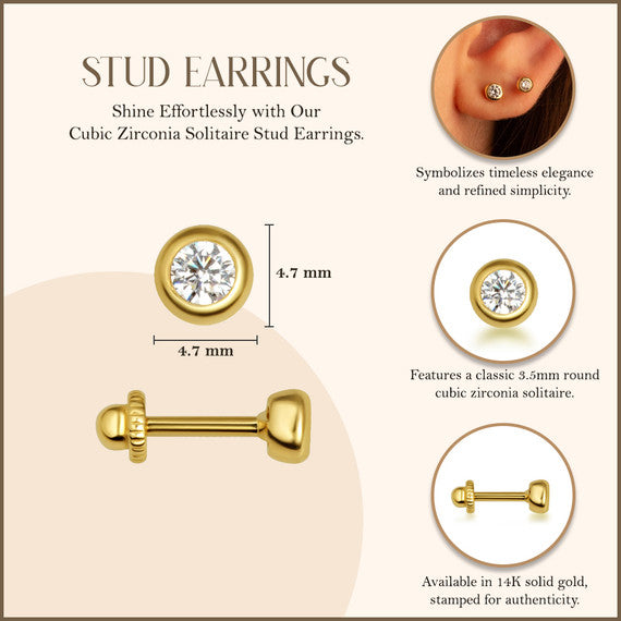 14K Gold 4.3mm Bezel Set Cubic Zirconia Solitaire Stud Earrings