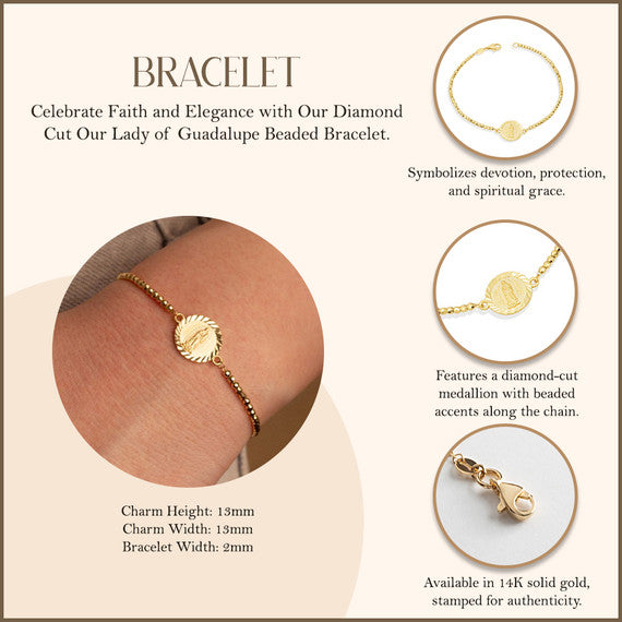 14k Solid Gold Diamond Cut Our Lady of Guadalupe Beaded Bracelet