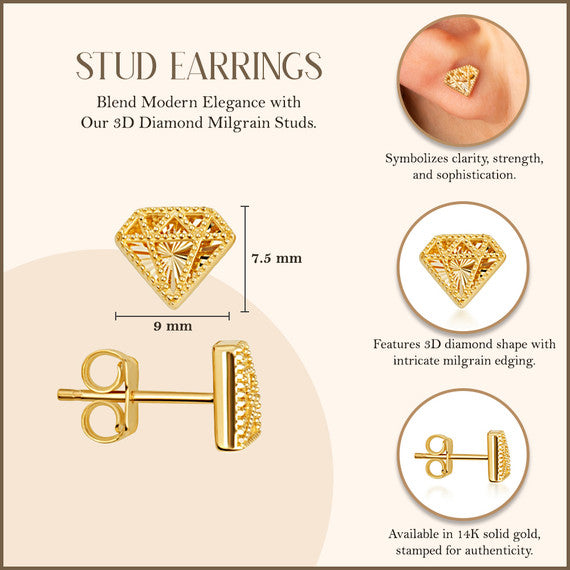 14K Yellow Gold 3D Diamond Shape Milgrain Stud Earrings